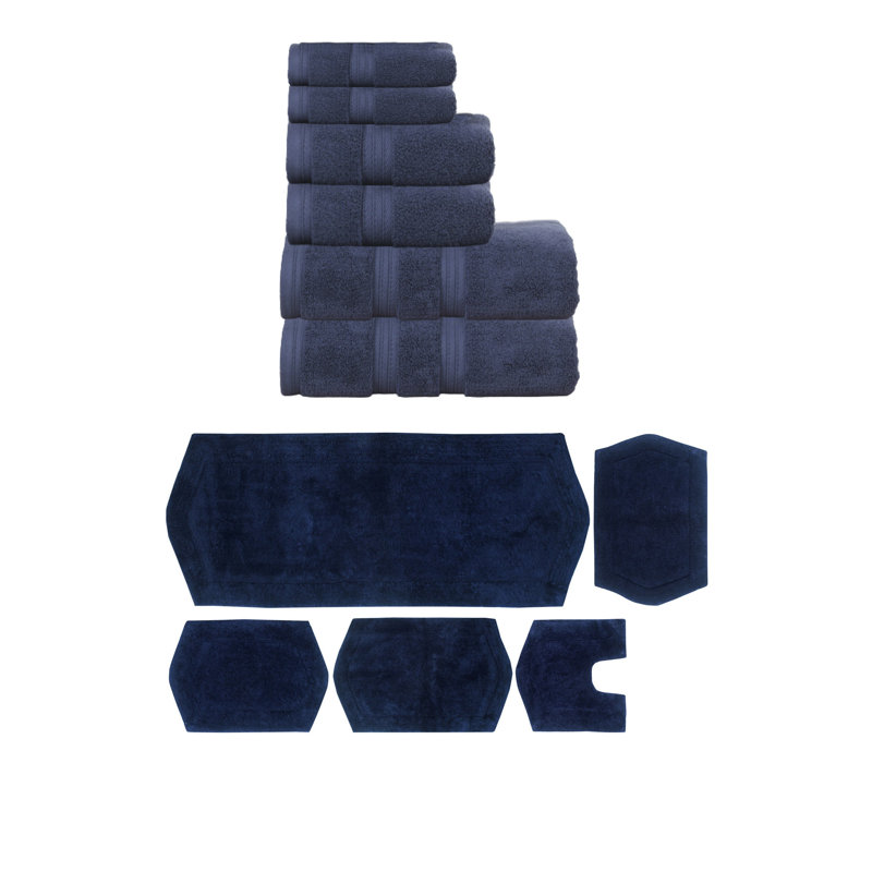 Bryd Collection 100% Soft Cotton 6 Pc Towel Set & 5 Pc Bath Rug Set, (Set of 11), Navy Blue