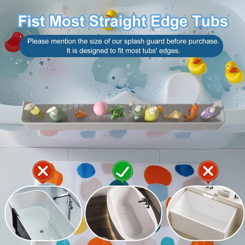 Pare-éclaboussures de baignoire extra longue, pare-eau en silicone avec ventouse et tablette à jouets pour le bain des enfants, 2,6 pi, gris