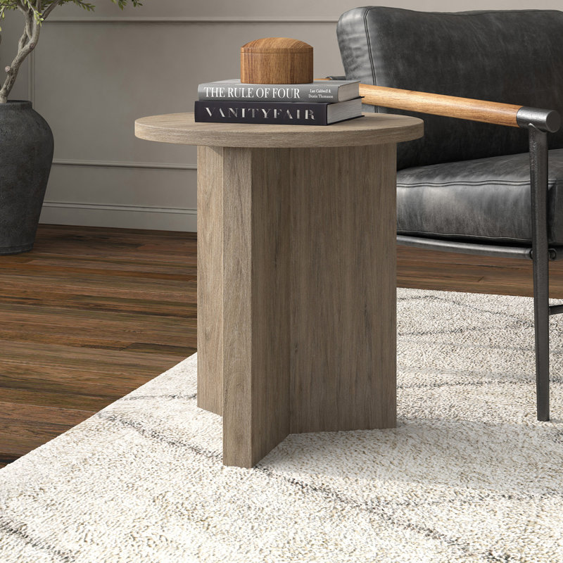 Potbelly 20" Round Side Table with Cross Base in Antiqued Gray Oak | Mid-Century Modern Accent Table for Living Room or Bedroom