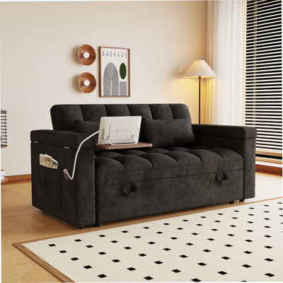 65-Inch 3-In-1 Foldable Velvet Sofa Bed With Adjustable Back, Built-In Table, USB Port, And Armrest Storage For Modern Living Spaces.