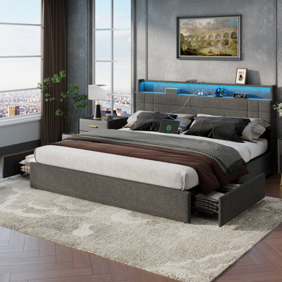 Bed Frame with 4 Underbed Drawers and Open Storage Headboard, Upholstered Platform Bed with Adjustable LED Light and Charging Station, No Box Spring Needed