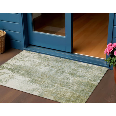 Tapis d'extérieur lavable abstrait 3 pi x 5 pi vert et ivoire artichaut