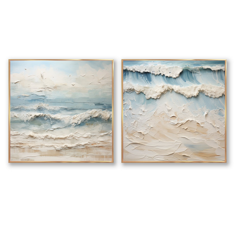 Peinture de plage côtière beige et bleue - ensemble de 2 carrés de plage côtiers, Cadre flottant doré, H 16 po x l 33 po