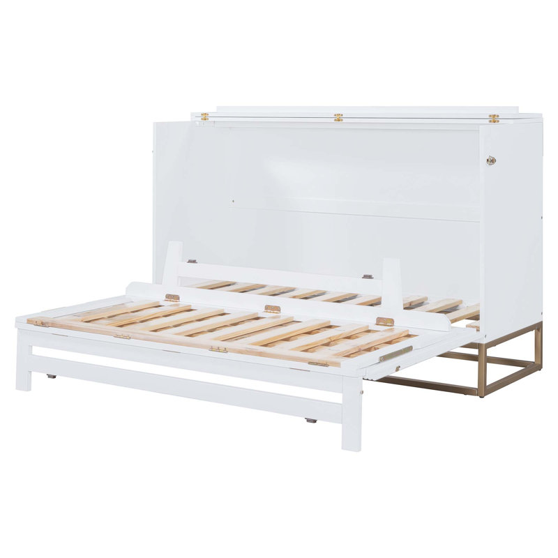 Grand lit escamotable Murphy avec portes en verre givré, faux tiroirs, pieds en métal, Blanc