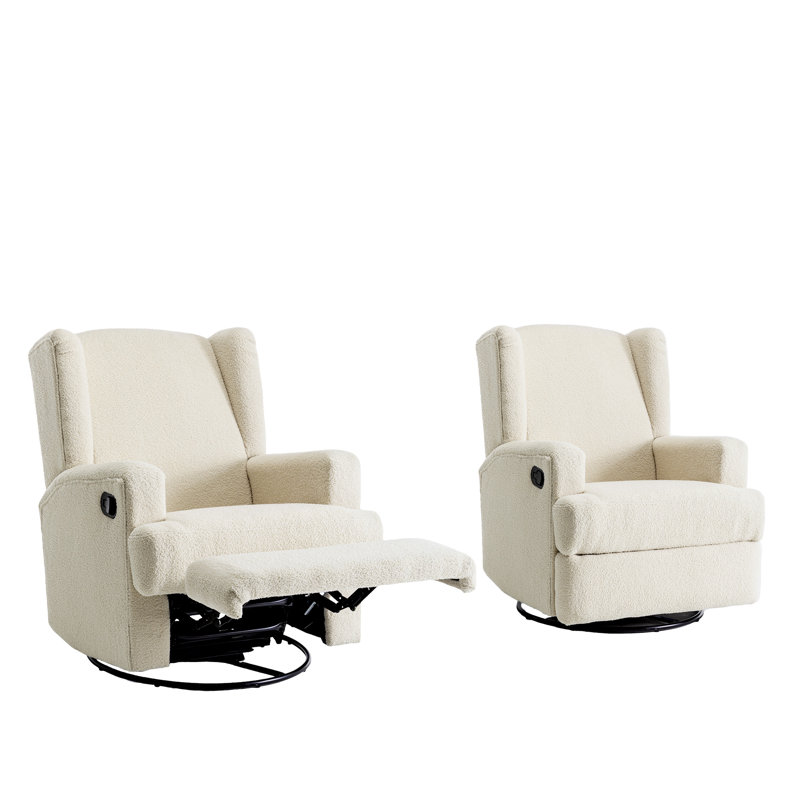 Upholstered Classic Wing Back Manual Handle Swivel Rock Glider Recliner Set of 2, Cream
