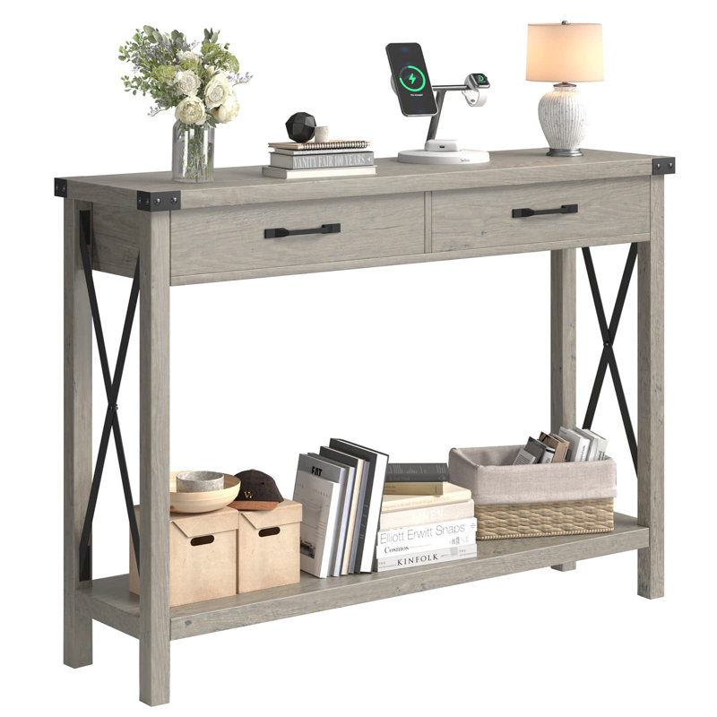 Console Table With 2 Drawers, Farmhouse Sofa Table With Storage Shelf, Accent Wood Entryway Table, Gray