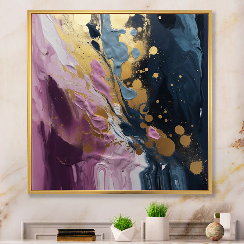 Mauve et bleu mouvements en peinture III - peinture abstraite, art mural, H 16 po x l 16 po x P 1 po, Cadre flottant doré