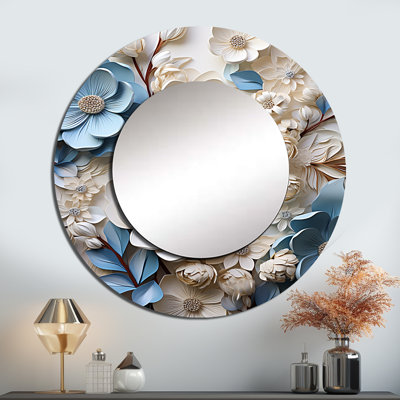 Blanc et bleu cornouiller fleurissant tranquillité - grand miroir cornouiller, miroir mural décoratif rond traditionnel, impression d'art en métal
