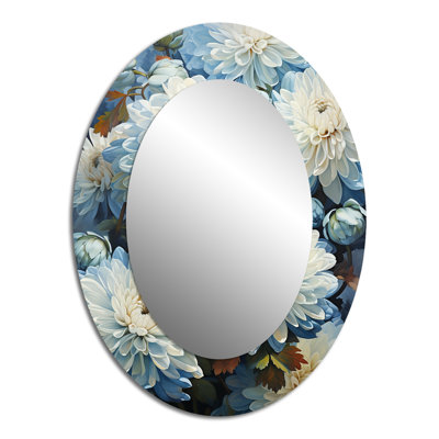 Shamim «Blue and White Mums Flowers Elegance II», grand miroir mural traditionnel, impression sur métal