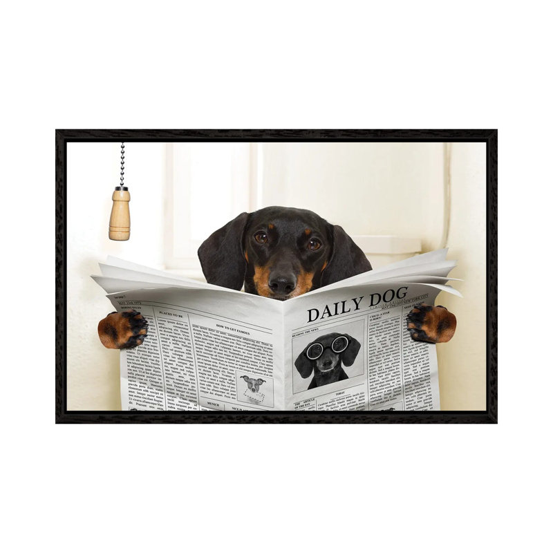 Dog On Toilet Seat Reading Newspaper III - Print on Canvas, 101.6 cm H x 66.04 cm W, Black Framed
