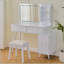 Meuble-lavabo moderne avec lumières DEL et miroir, ensemble de coiffeuse 4 tiroirs avec tabouret, luminosité à intensité variable de 3 couleurs, peu encombrant pour la chambre à coucher