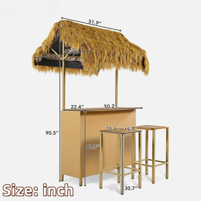 Hawaiian-style Bar Patio Set Included A Table With Canopy And Two High Stools