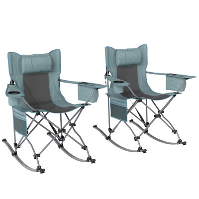 Folding Rocking Camping Chairs for Adults, Portable Outdoor Rocking Chairs with Headrest, Cooler Bag, Cup Holder, Carry Bag for Picnic Outside and Outdoor Travel, 2 Pack