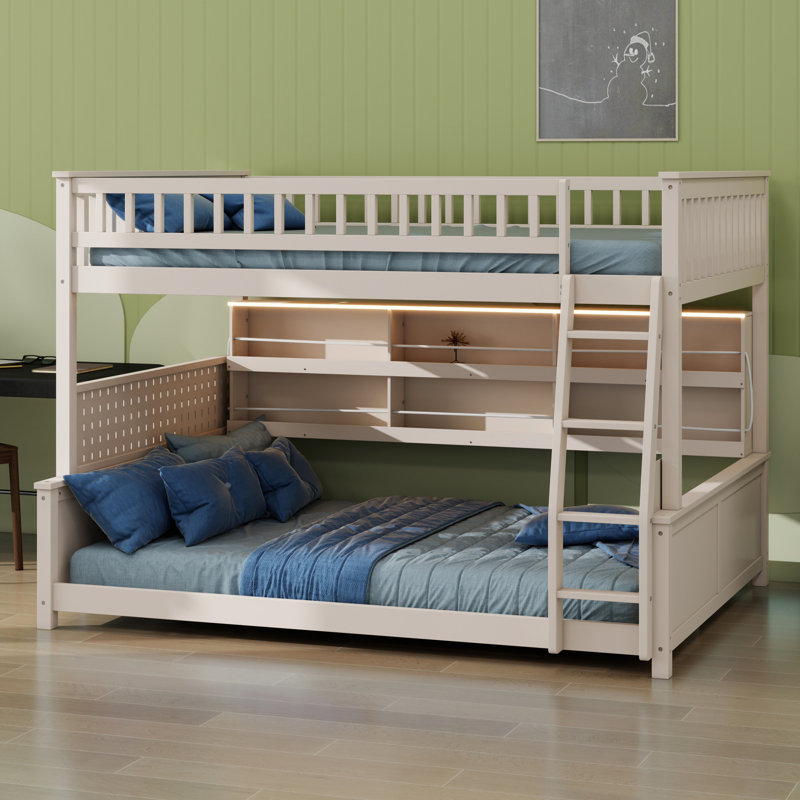 Lit superposé avec tablettes intégrées, lumières à changement de couleur et panneau perforé, Beige, Double TG sur grand