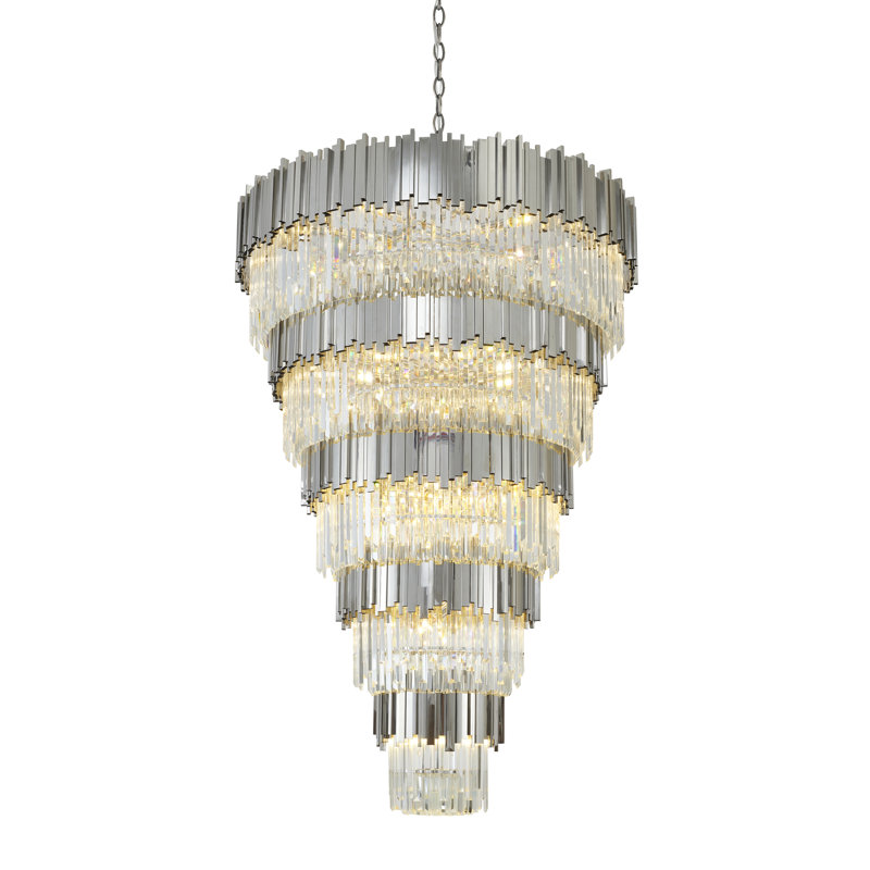 60 Light Tiered Chandelier With Crystal Accents, 5, Satin Nickel