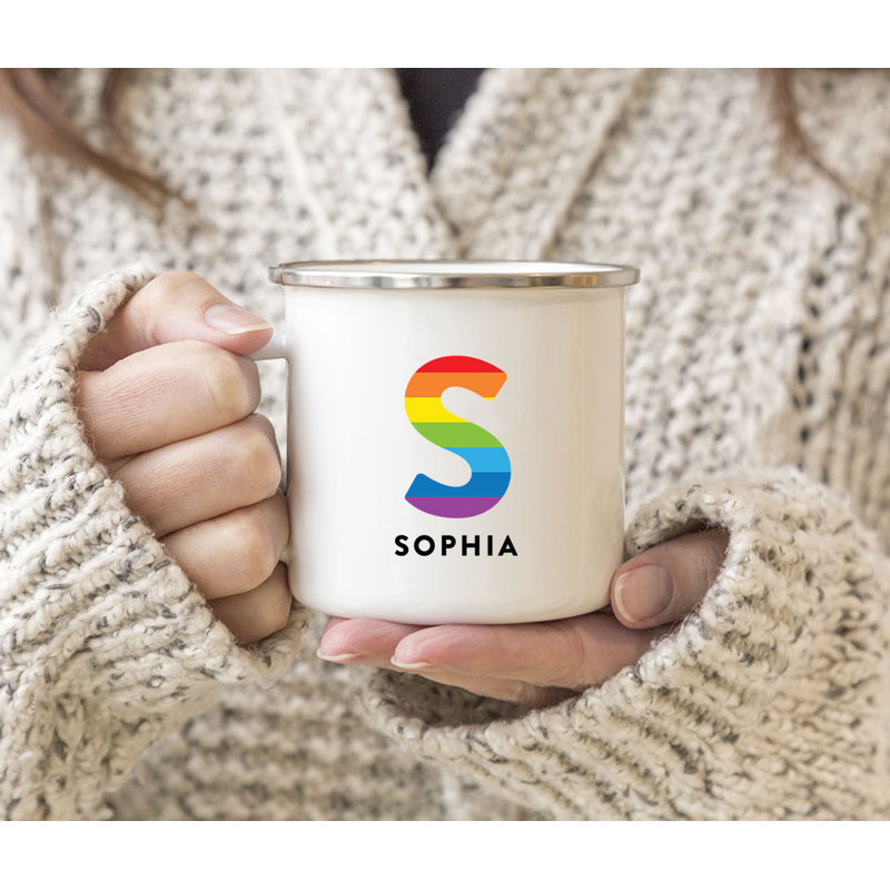 Tasse à café avec monogramme personnalisé avec lettres A-Z et nom personnalisé arc-en-ciel