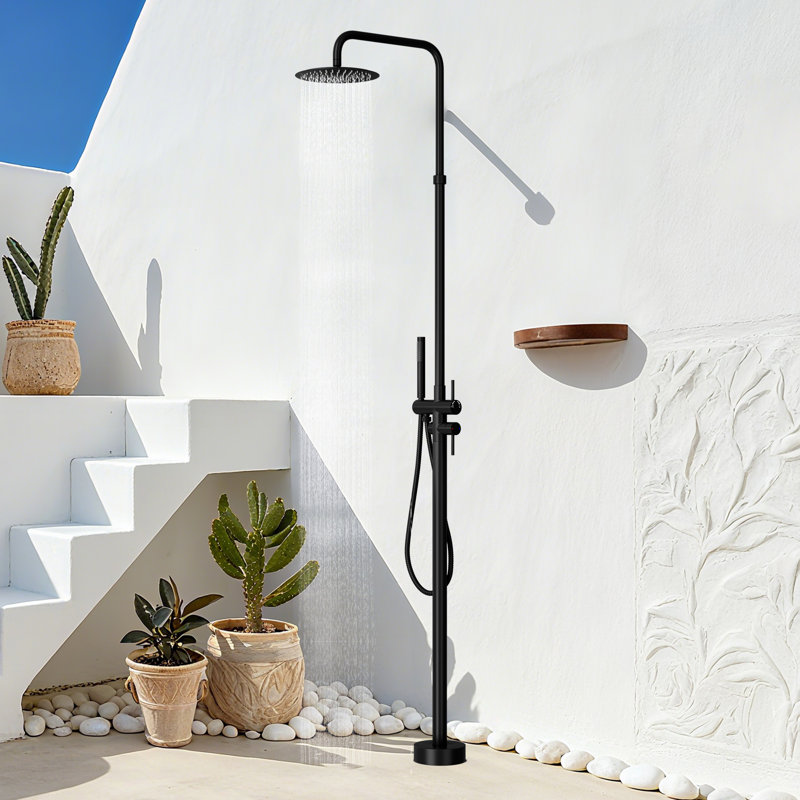 86"H 304 Stainless Steel Freestanding Outdoor Shower with Rainfall Shower Head with Handheld Shower with Temperature Control