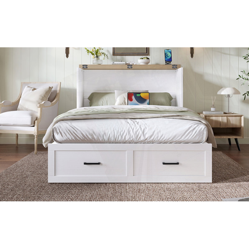 Lit plateforme multi-fonctionnel pliable avec tiroir, Double, Blanc