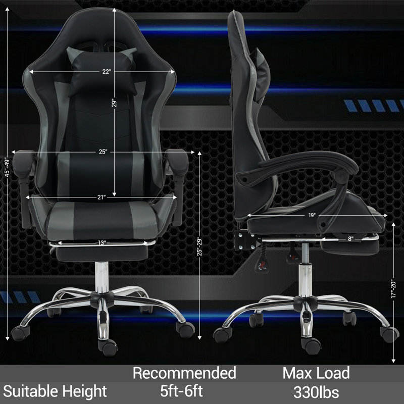 Gaming Chair with Massage Lumbar Support Ergonomic Video Game Chair for Adults, Adjustable Headrest & Footrest, 90-135° Recline, 360° Swivel, Grey