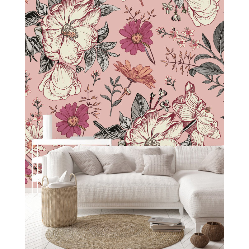 Panneau de papier peint adhésif à fleurs roses L 10,4 pi x l 125 po