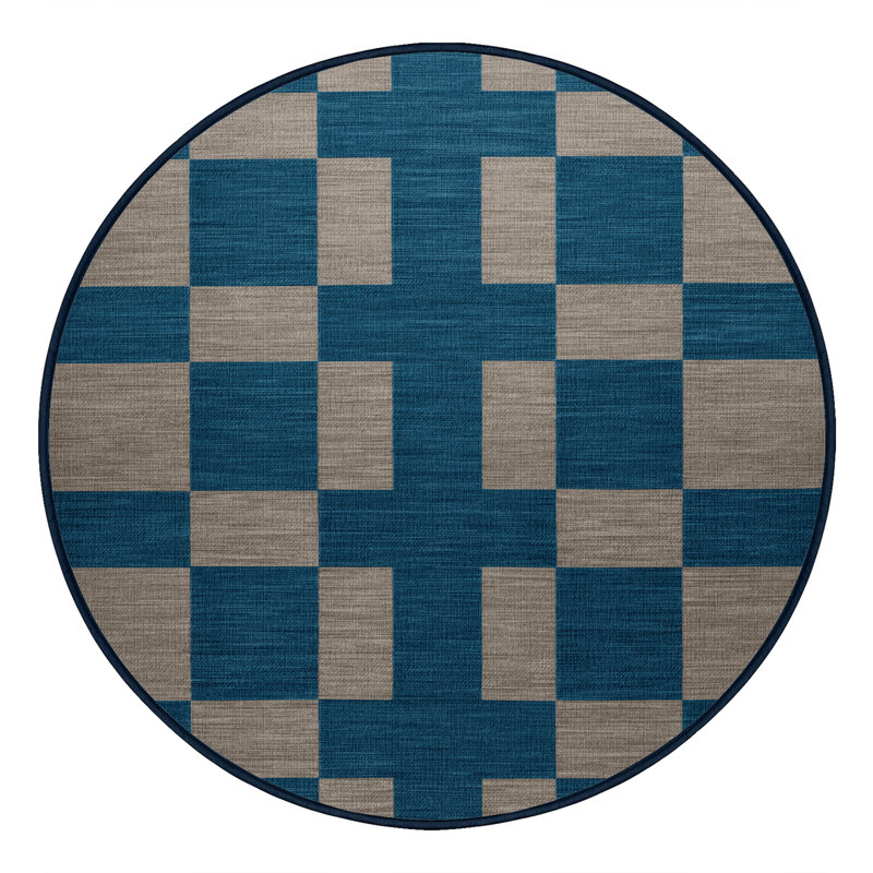 Tapis bleu à carreaux lavable à la machine, Rond 6 pi