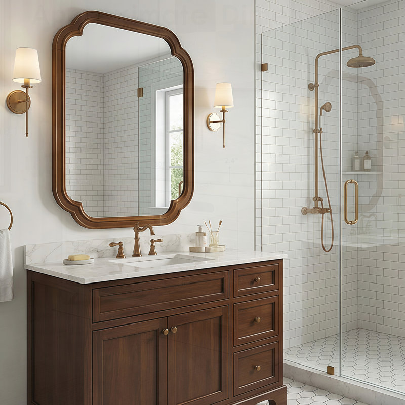 Miroir de coin décoratif en bois massif arrondi pour rehausser l'élégance et le style, 30" H x 20" W, Noir + noyer foncé