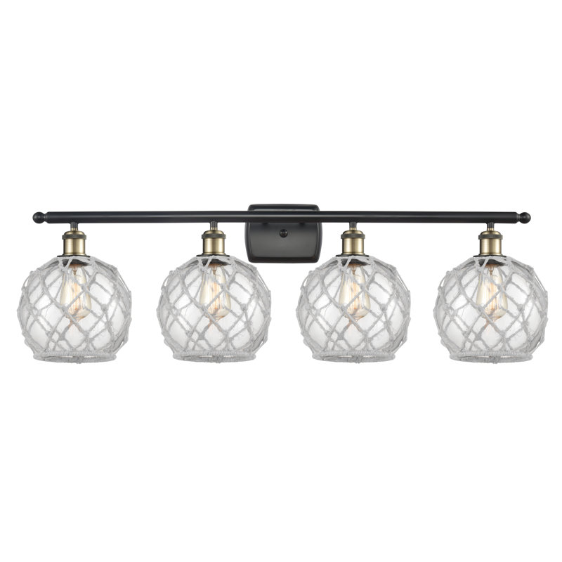 Éclairage de salle de bain à intensité variable 4 lumières Larochelle Farmhouse Rope, Transparent/blanc, Laiton antique noir