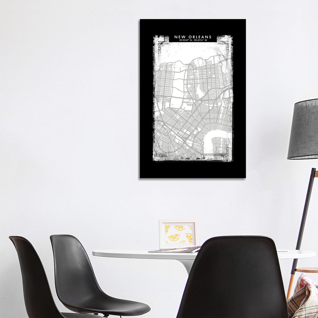 New Orleans Stadtplan Schwarz Weiß Grau Stil von WallDecorAddict - Gallery-Wrapped Canvas Giclée