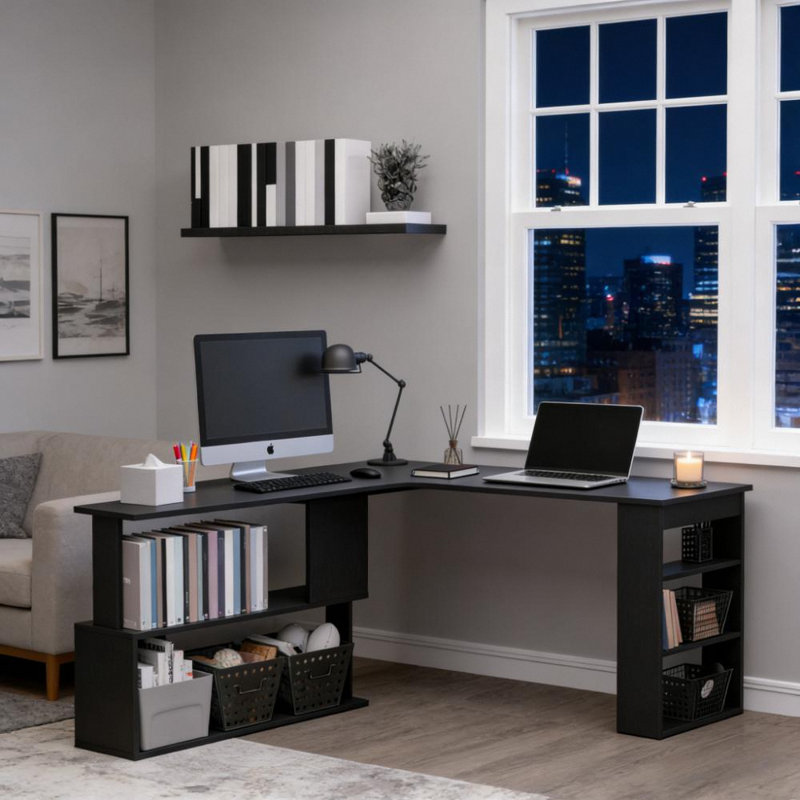 Poste d'écriture, bureau d'ordinateur en coin en L, bureau à domicile rotatif à 360 °, Noir