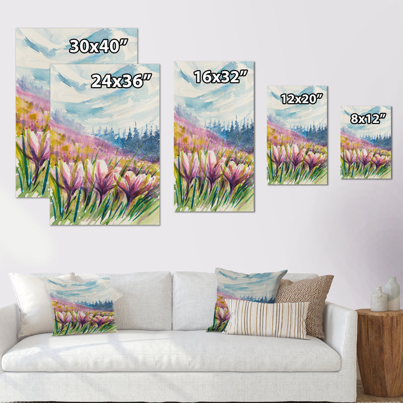 «Crocuses Meadow In Abstract Mountains», art mural traditionnel sur toile, H 32 po x l 16 po x P 1 po