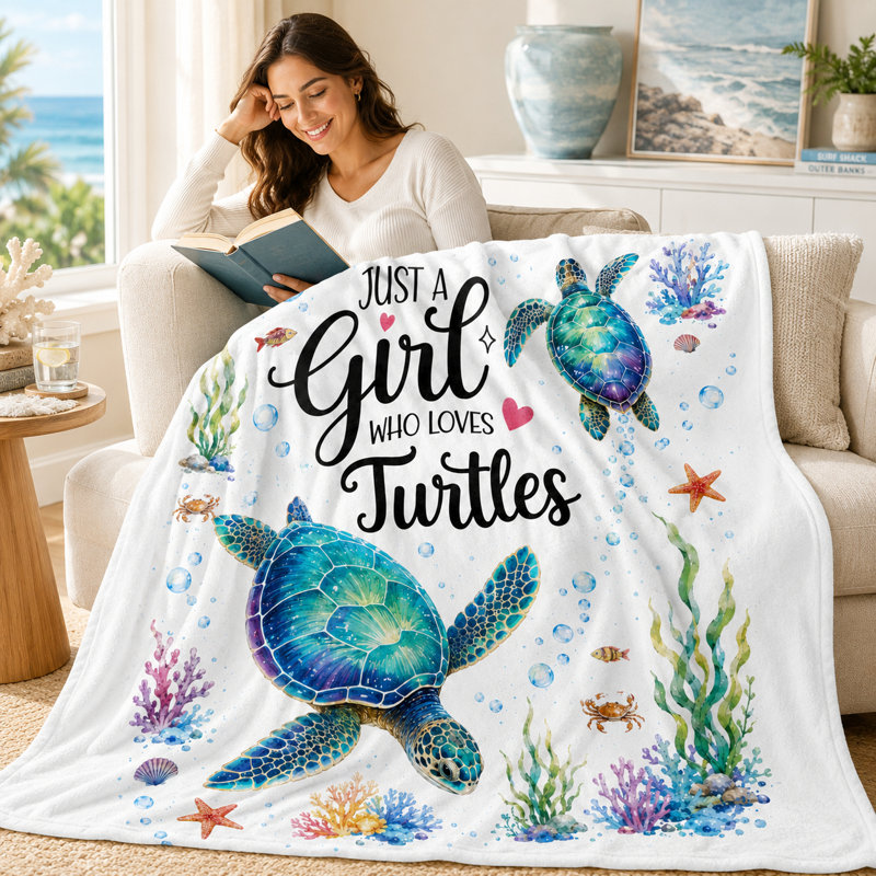 Turtle Lover Blanket, Colorful Sea Turtle Ocean Quote with Coral, Starfish and Bubbles, Flannel Cover for Couch, Bed, Reading, Travel and Relaxing, 40 x 50 in