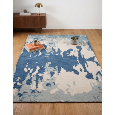 Tapis intérieur bleu en laine beige beige à motif abstrait noué à la main