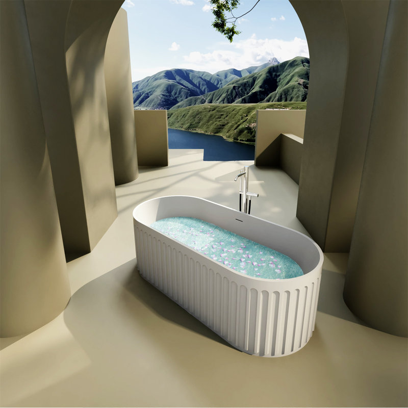 Baignoire de trempage autoportante de style colonne à surface solide avec trop-plein et drain