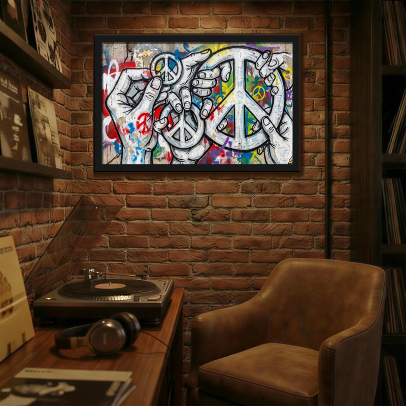 Mains à la mode formant des symboles de paix sur fond graffiti coloré, H 20 po x l 30 po