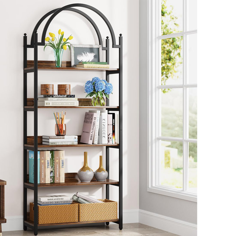 5-Shelf Arched Bookcase, Industrial Metal Etagere Open Bookshelf, Rustic Wood Shelf With Black Metal Frame(1, Brown+Black)