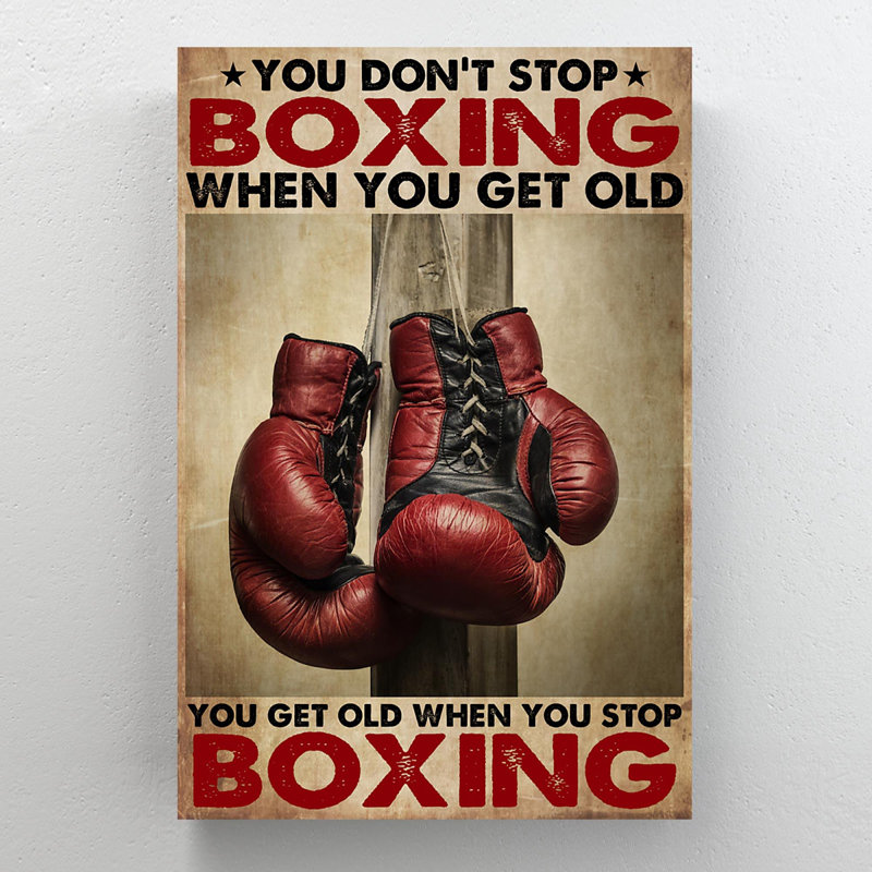 Gants de boxe rouges sur fond brun - You Don't Stop Boxing - 1 pièce, impression d'art graphique rectangulaire sur toile tendue