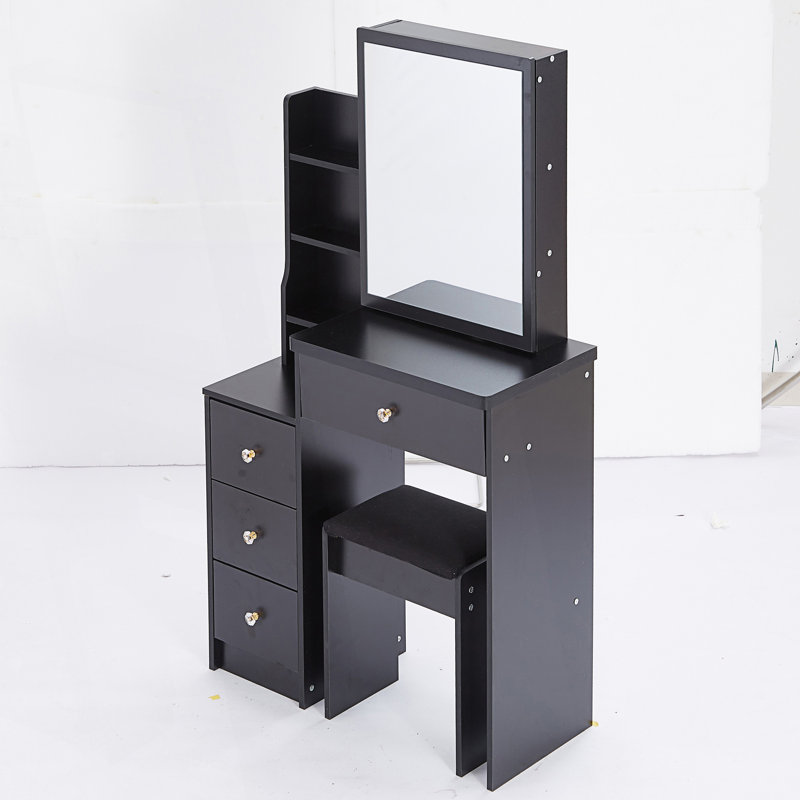 Ensemble de coiffeuse compacte avec tabouret rembourré et miroir coulissant, Noir