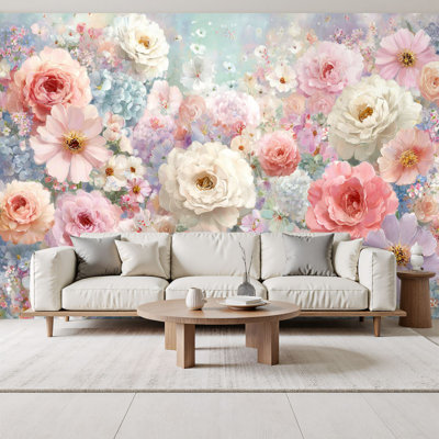 Farmhouse Nature Floral Wallpaper Peel and Stick Wall Mural Whimsical Garden Flowers Watercolor Soft Pastel Tones 69"H x 96"W Removable Self-Adhesive Wall Paper for Bedroom Living Room Aesthetic Home Decor
