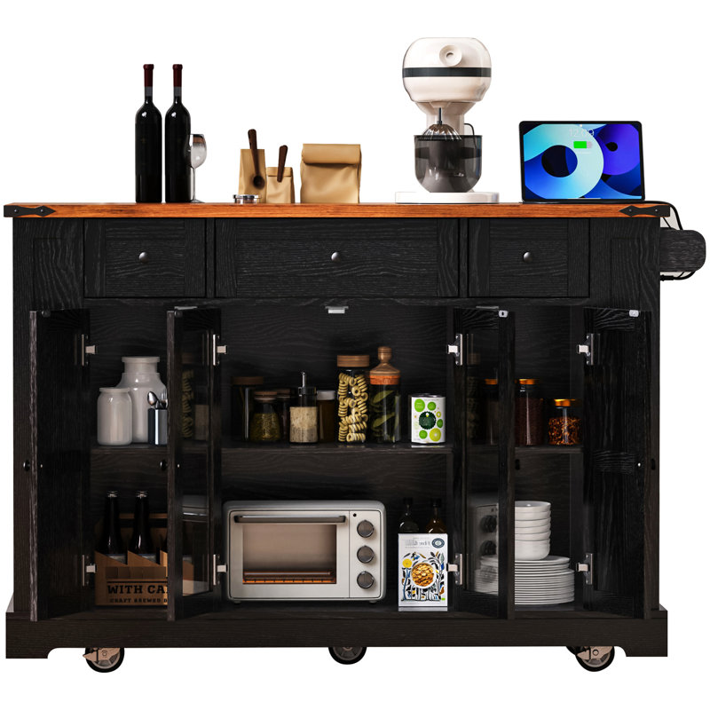 Kitchen Island With Two Tempered Glass Doors, 53'' Rolling Cart, 5 Open Shelves, 3 Drawers, Drop Leaf, Power Outlet, Black For And Dining Space Island, Side Supply, Room