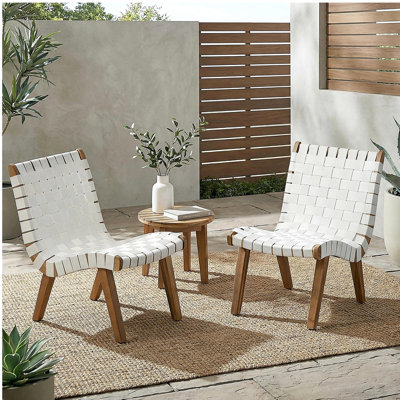 Outdoor Acacia Wood and Rope Weave 3 Piece Chat Set, White and Teak