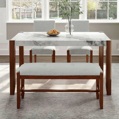  Ensemble de salle à manger 4 pièces, 1 table d'appoint en marbre avec 2 chaises rembourrées et 1 banc, meubles de cuisine peu encombrants avec pieds en bois d'hévéa massif, beige