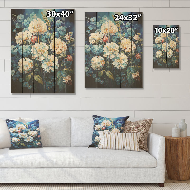 «Blue Flower In Popcorn Serenade I», art sur bois de pin naturel, H 32 po x l 24 po