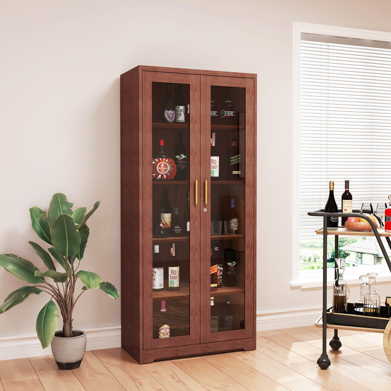 Glass Display Cabinet, Display Case with Glass Doors and Shelves, Metal Curio Cabinets with Locking, 71" Tall Bookcase with Glass Doors for Home, School, Clinic (Wood Color)
