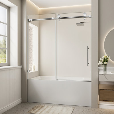 56"-60" W x 60" H Frameless Single Sliding Shower Door, Bathtub Door, 5/16" (8mm) Clear Tempered Glass With Explosion-proof Film, Stainless Steel Handle
