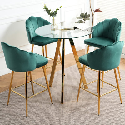 Velvet Bar Chairs With Gold- Legs And Tempered Glass Top, Ergonomic Spacious, Suitable For Multiple Scenes, Waterproof Easy To Clean, Of 5 Fashionable , Metal Legs, Round Countertop, Structure Knee