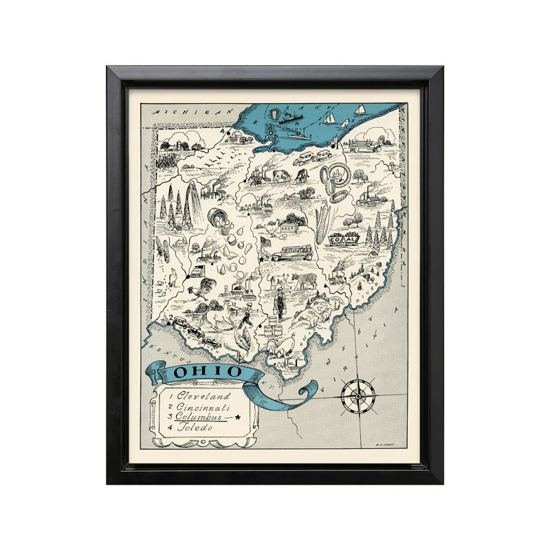 Carte de l'Ohio, Black Framed, Canvas, 08"H x 10"W