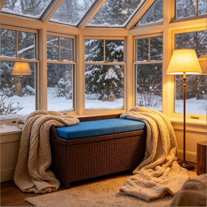 Banc de rangement extérieur en rotin PE avec coussin bleu et capacité de 34 gallons pour terrasse Deep Coffee
