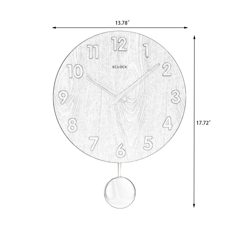 Horloge murale à pendule en bois massif ton bois naturel avec chiffres en relief