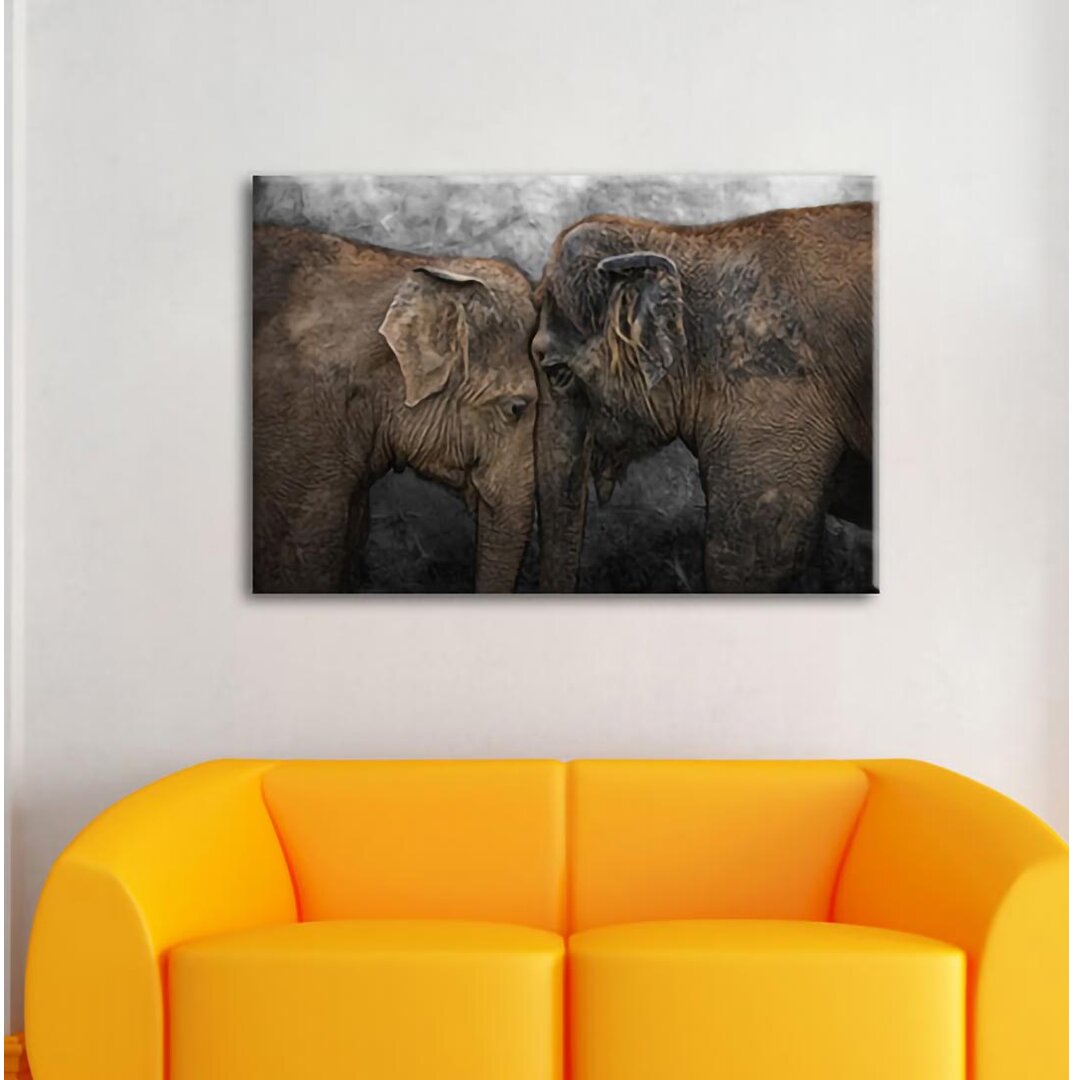 Leinwandbild Cuddling Old Elephant Couple in Schwarzweiß