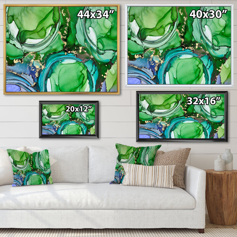 «Green Luxury Abstract Fluid Art», peinture sur toile, H 34 po x l 44 po, Cadre flottant en érable